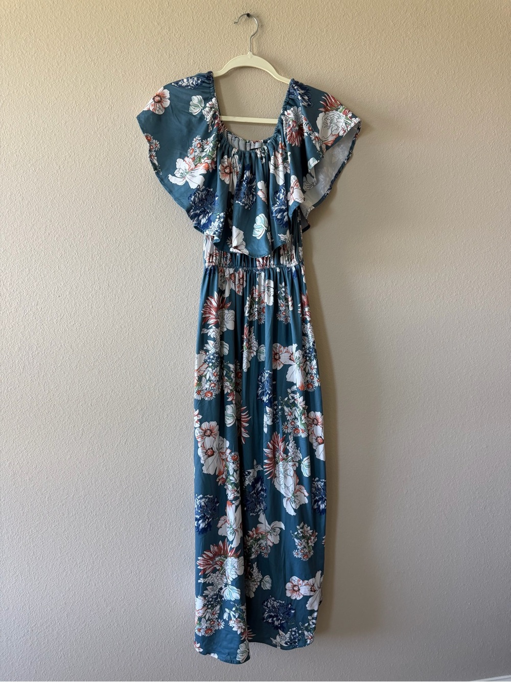 Teal Floral Maxi Dress with Ruffle Neckline
